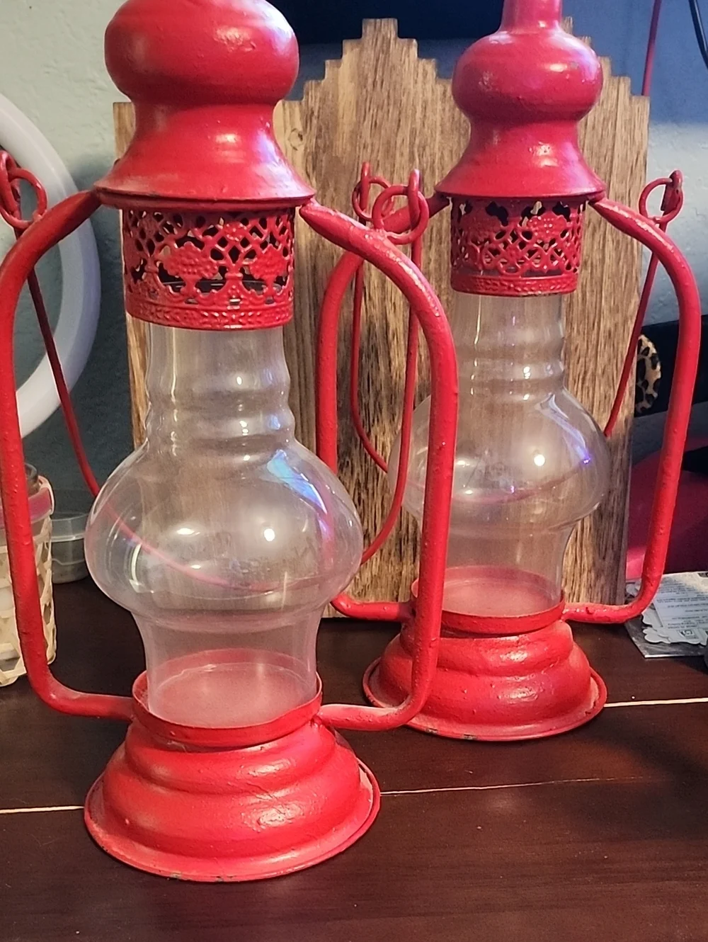 Vintage Red Metal Lanterns with Clear Glass - Home Accents